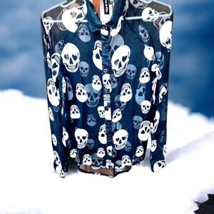 FUN & FLIRT Women's Long Sleeve Sheer Skull Print Blouse